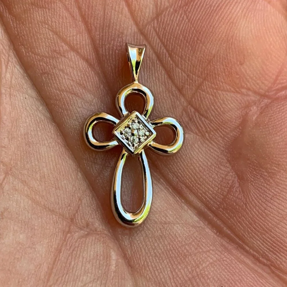 Small Cross Silver-Tone Pendant With Cubic Zirconia Accents - Picture 8 of 9